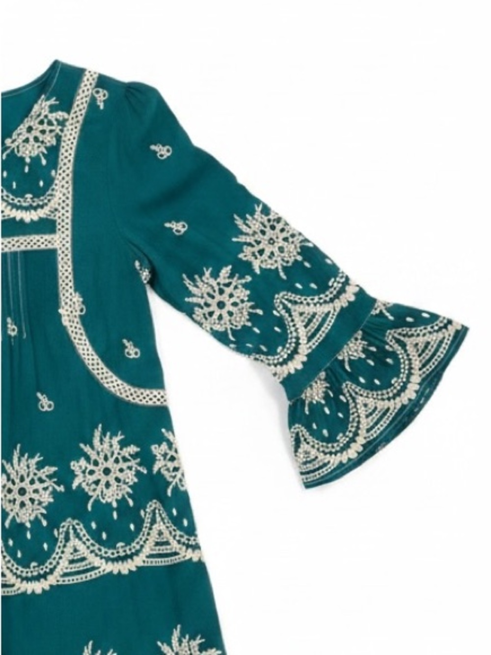 Ivy Jane Boho Embroidered Eyelet Detail 3/4 Sleeve Dress Emerald Green Size XS - Picture 6 of 8